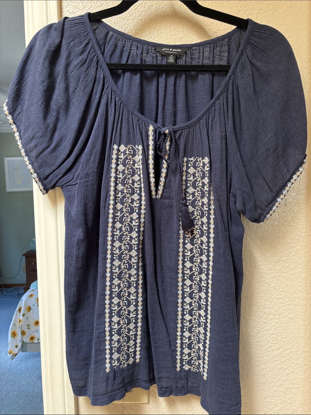 Lucky Brand Navy Blue Embroidered Peasant Blouse